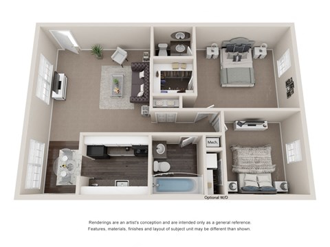 Floor plan for 2 beds, 1.5 baths, 936 sqft